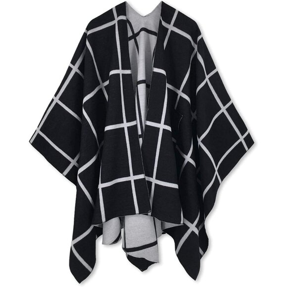 Women Shawl Wrap Poncho Ruana Cape Open Front Cardigan Fall Winter Black White - Picture 5 of 9